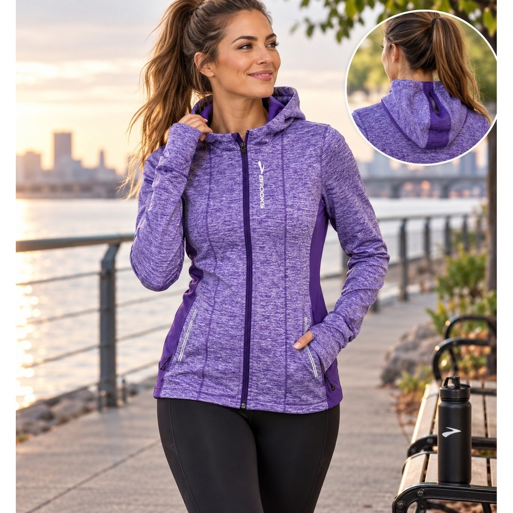 Brooks Equilibrium Hooded Running Jacket Women M Purple Compression Thumbholes